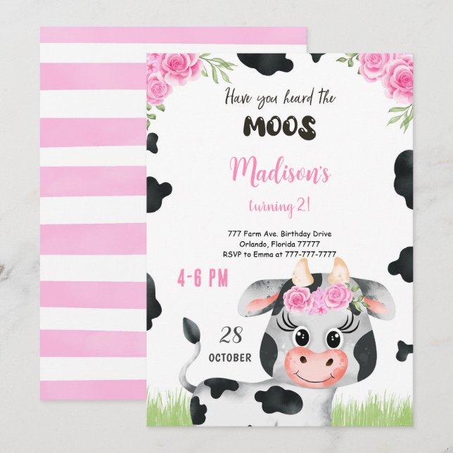 Editable Cow Birthday Invitation (Front/Back)