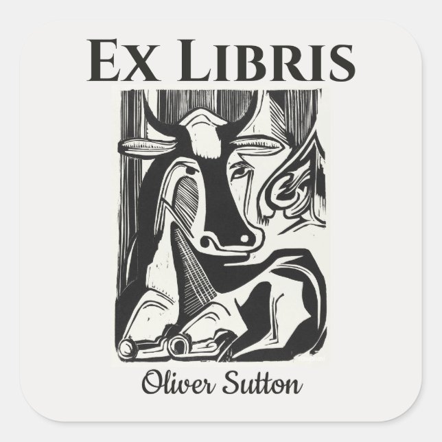 Editable Cow Lying Down Bookplate Sticker (Front)