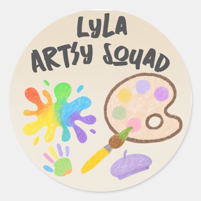 Editable Crayon Style – Artsy Paint & Palette Classic Round Sticker (Front)