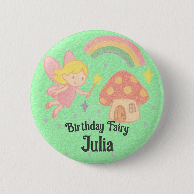 Editable Crayon Style – Fairy Mushroom Birthday 2 Inch Round Button (Front)