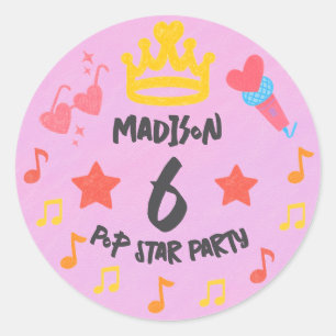 Editable Crayon Style – Pop Star Diva Birthday Classic Round Sticker