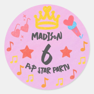 Editable Crayon Style – Pop Star Diva Birthday Classic Round Sticker