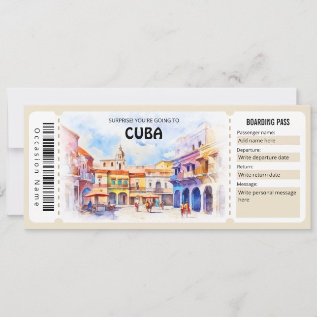 Editable Cuba Plane Boarding Pass Ticket Invitation (Front)