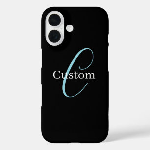 Editable Cursive Script Monogram Black Blue White iPhone 16 Case