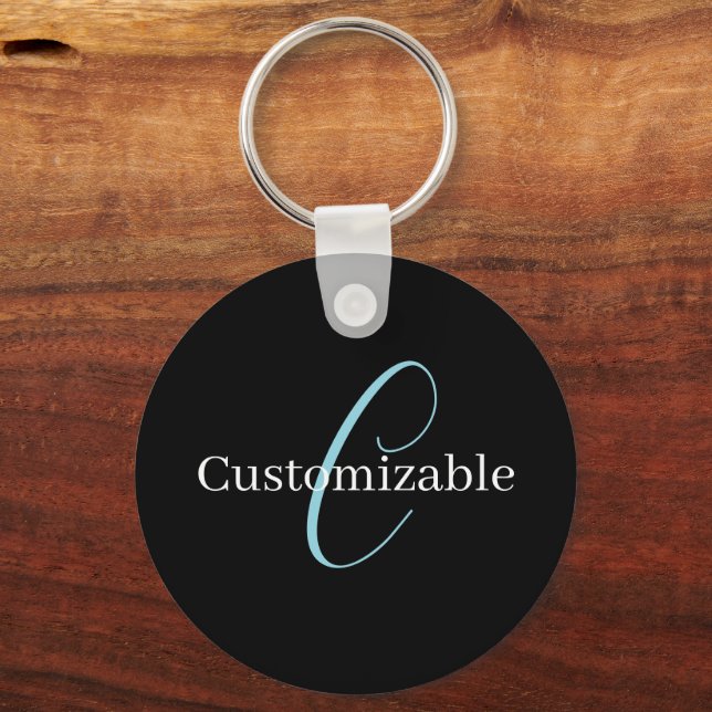 Editable Cursive Script Monogram Black Blue White Keychain (Front)