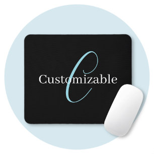 Editable Cursive Script Monogram Black Blue White Mouse Pad