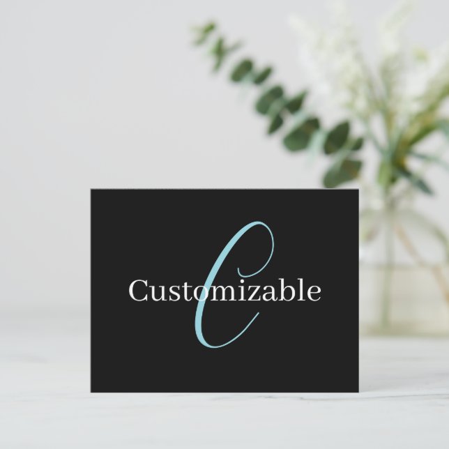 Editable Cursive Script Monogram Black Blue White Postcard (Standing Front)
