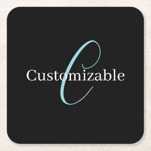 Editable Cursive Script Monogram Black Blue White Square Paper Coaster