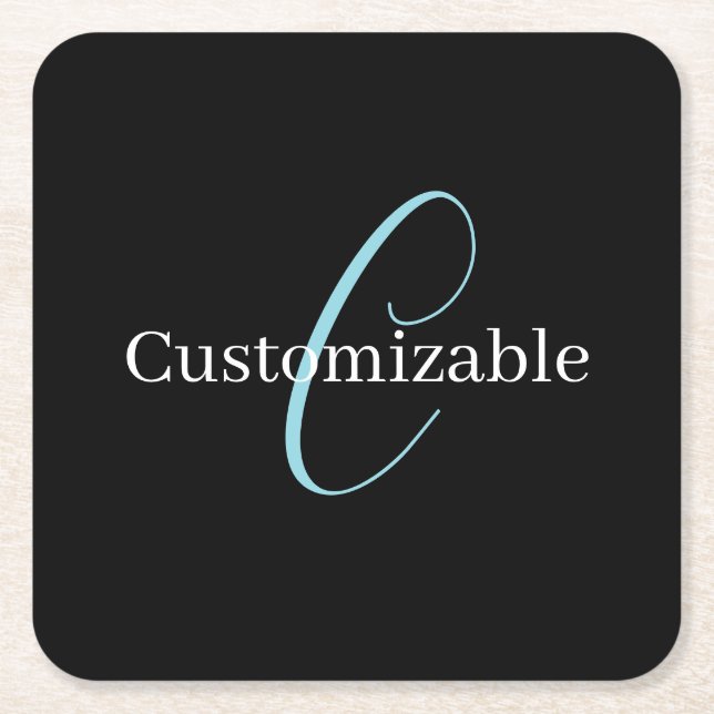 Editable Cursive Script Monogram Black Blue White Square Paper Coaster (Front)