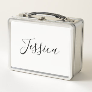 Editable Cursive Script White & Purple Violet Metal Lunch Box