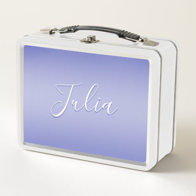 Editable Cursive Script | White & Purple Violet Metal Lunch Box (Front)
