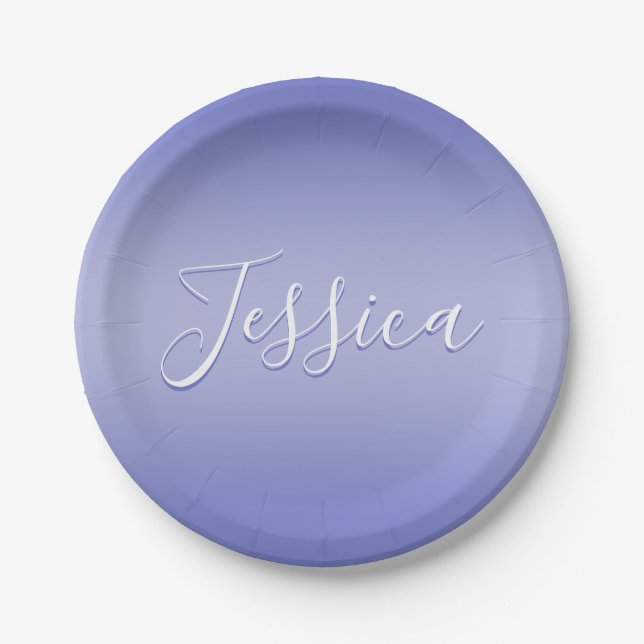 Editable Cursive Script | White & Purple Violet Paper Plate (Front)
