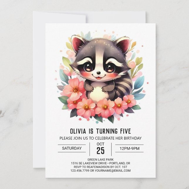  Editable Custom Raccoon Girl Birthday Invitation (Front)