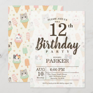 Editable Cute Ice Cream Cat 12th Birthday Party Invitation