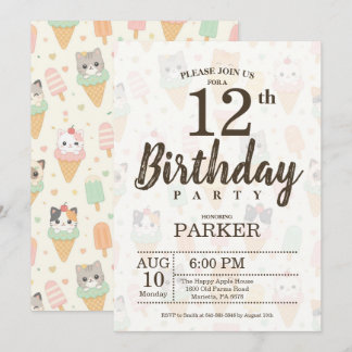 Editable Cute Ice Cream Cat 12th Birthday Party Invitation