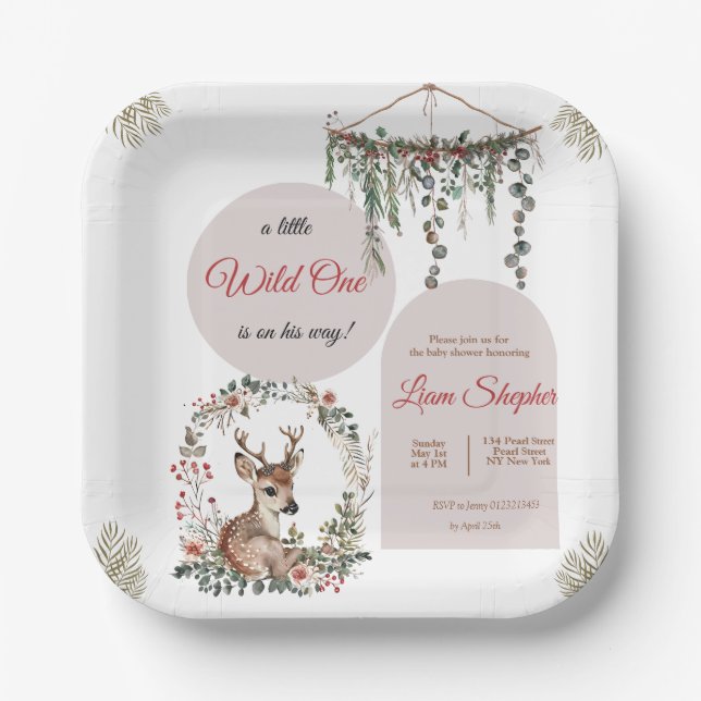 Editable Cute Woodland Baby Shower Plates (Front)