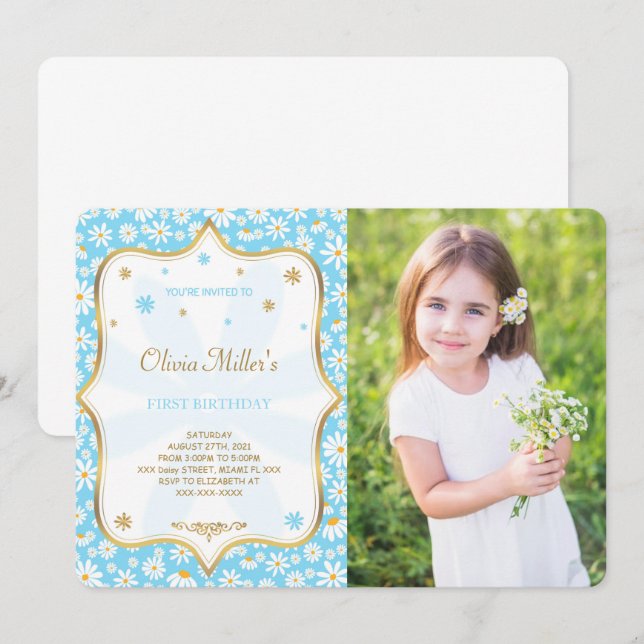 Editable Daisy Anniversaire Photo Invitation (Devant / Derrière)