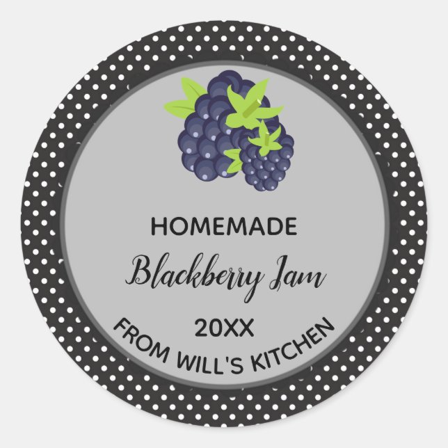 Editable Dark Polka Dots Blackberry Jam Labels (Front)