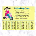 Editable Daycare Phone Number Flyer<br><div class="desc">This editable daycare phone number flyer features a little girl on a pink tricycle to the left and the details of the business to the right. Below is the phone number for your clients. The text is editable so go ahead and change the details as well as the font style,...</div>