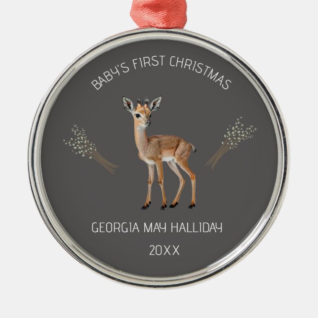 Editable Deer and Cattails Baby's First Christmas Metal Ornament (Front)