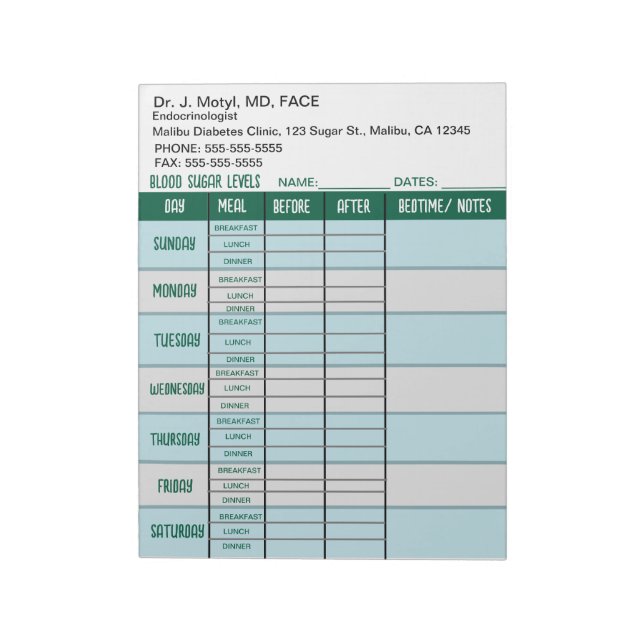 Editable Diabetes Blood Sugar Levels Chart Notepad (Rotated)