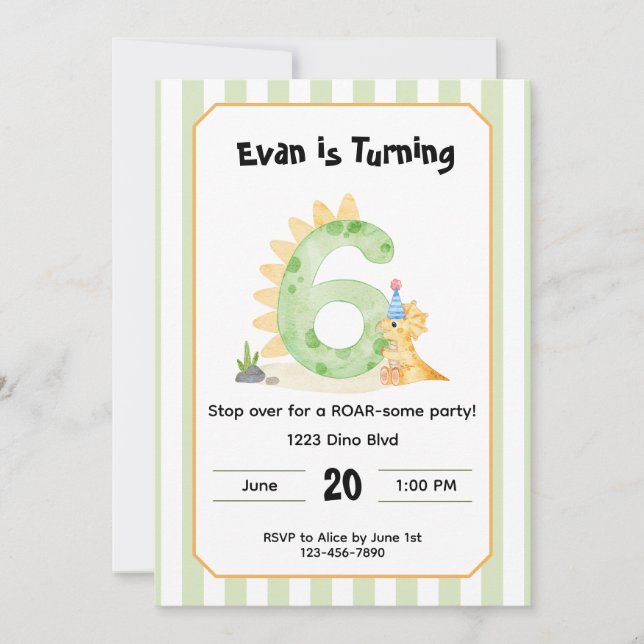 Editable Dinosaur 6th Birthday Invitation  (Front)