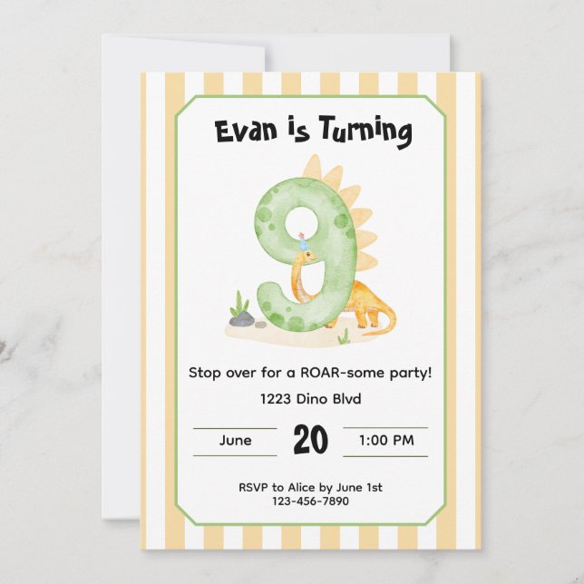 Editable Dinosaur 9th Birthday Invitation  (Front)