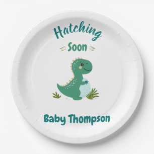 Editable Dinosaur Baby Boy Shower Hatching Soon Paper Plate