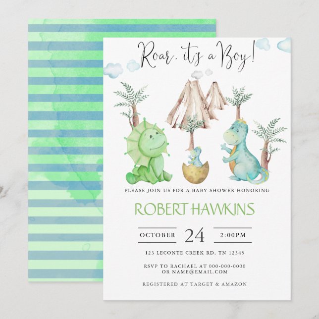Editable Dinosaur Boy Baby shower Invitation (Front/Back)