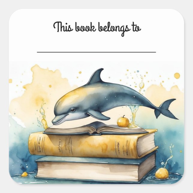 Editable Dolphin and Books Bookplate Sticker (Front)