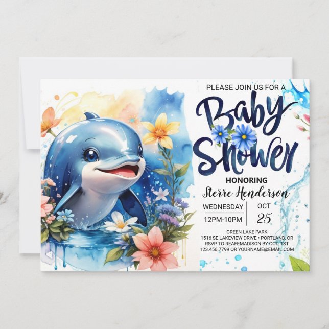 Editable Dolphin Boy Baby Shower Invitation (Front)