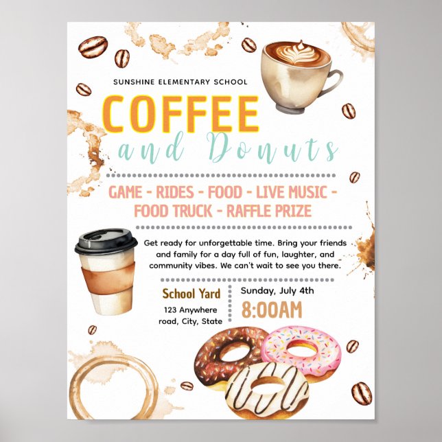 Editable doughnut and coffee fundraiser flyer poster (Front)