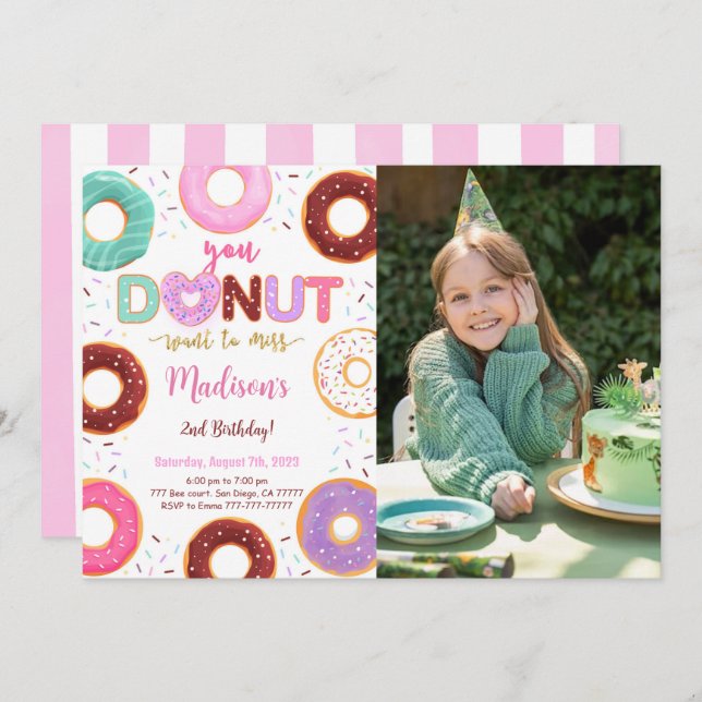 Editable Doughnut Birthday Party Photo Invitation (Front/Back)