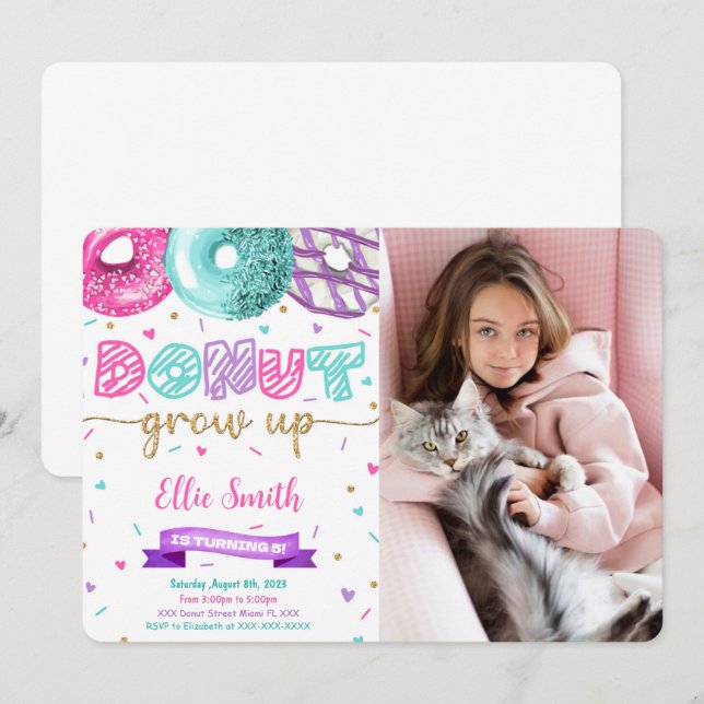 Editable Doughnut Birthday Photo Invitation (Front/Back)