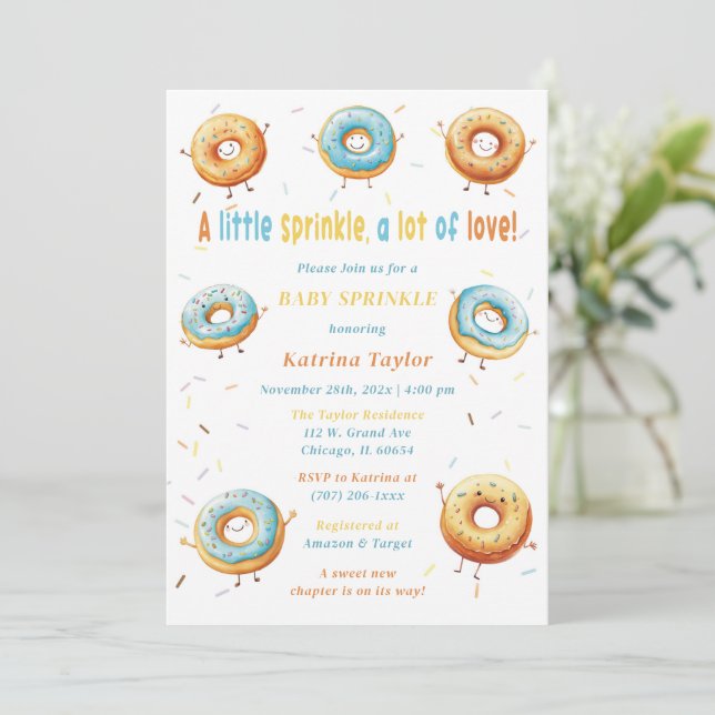 Editable Doughnuts Boy Baby Sprinkle Invitation (Standing Front)