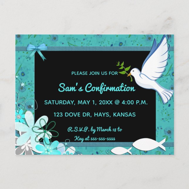 Editable Dove and Fish Confirmation Invitation Postcard (Front)