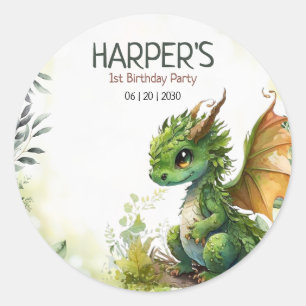 Editable Dragon 1st Birthday Party, Boys Birthday  Classic Round Sticker