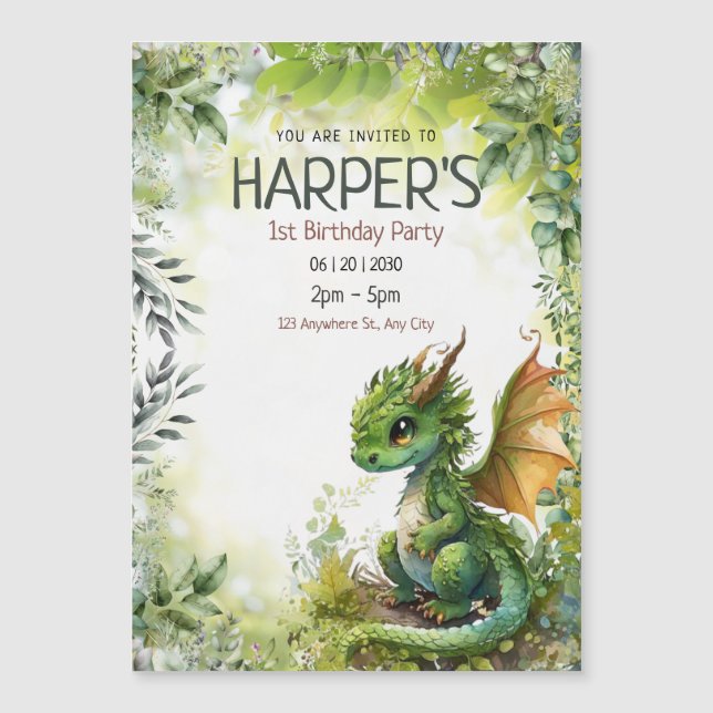 Editable Dragon 1st Birthday Party Invitation (Front)
