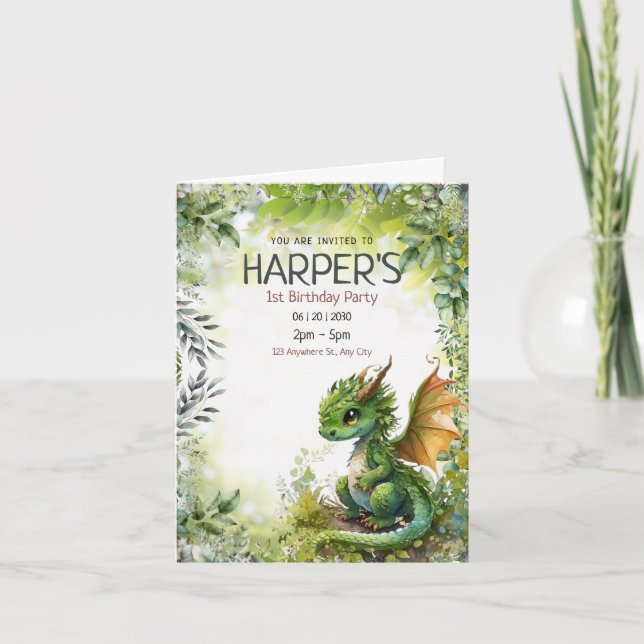 Editable Dragon 1st Birthday Party Invitation (Front)