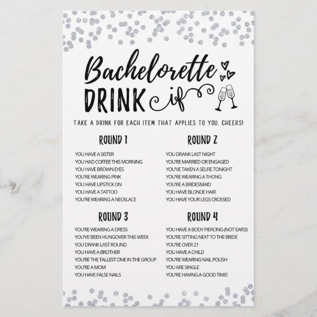 Editable DRINK IF Bachelorette, Hen Party game (Front)