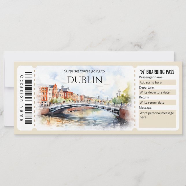 Editable Dublin Boarding Pass Plane ticket Invitation (Front)