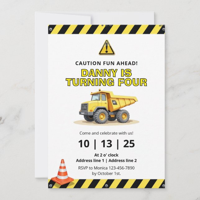 Editable Dump Truck Construction Party Invites (Front)