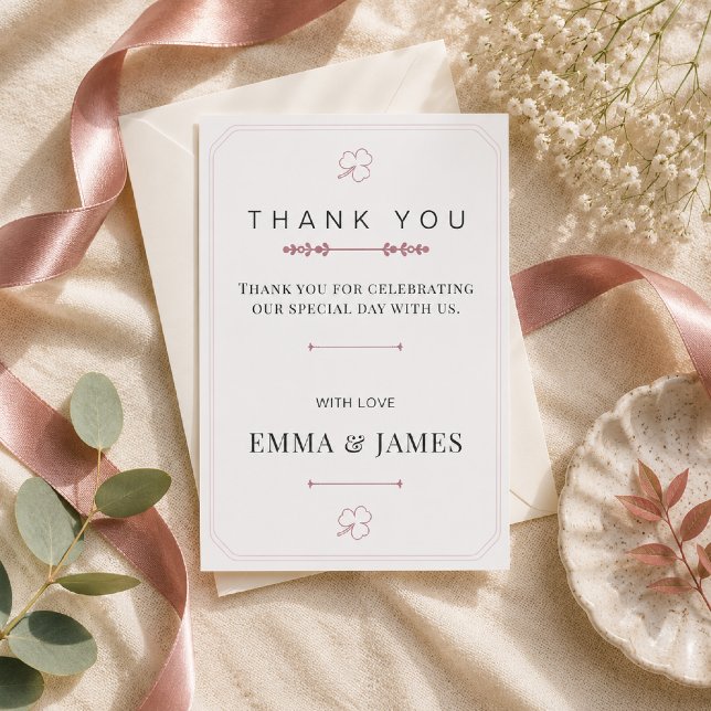 Editable Dusty Rose Minimal Thank You Card (Elegant Dusty Rose Thank You Card with a romantic luxury flat lay presentation.)