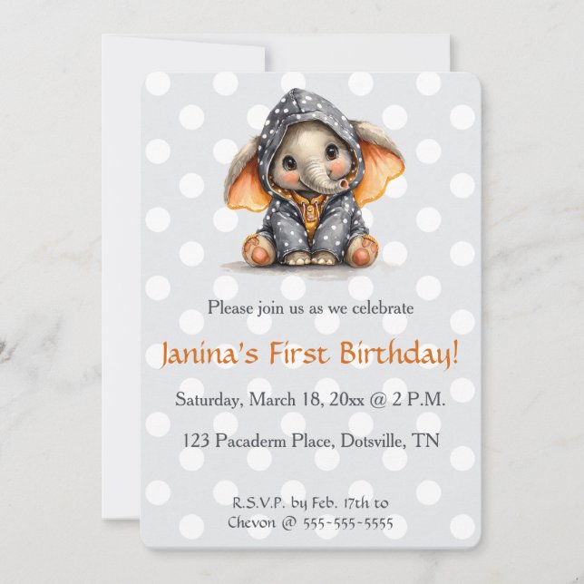Editable Elephant in Polka Dots Birthday Invitation (Front)