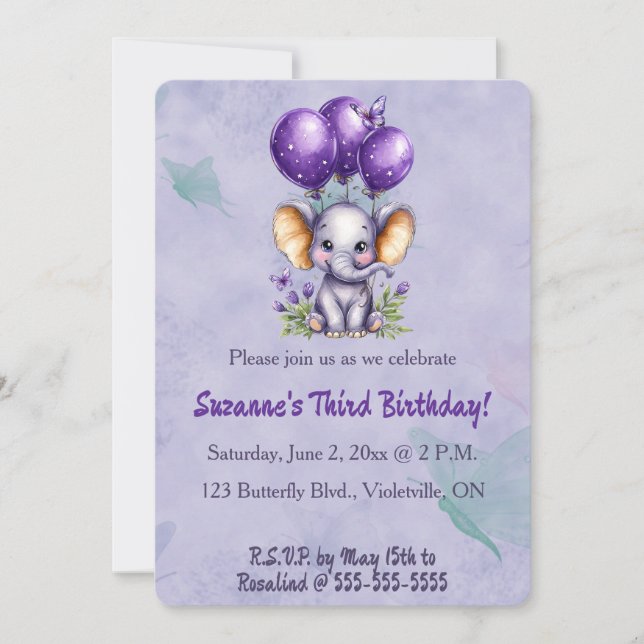 Editable Elephant Three Balloons and a Butterfly Invitation (Front)