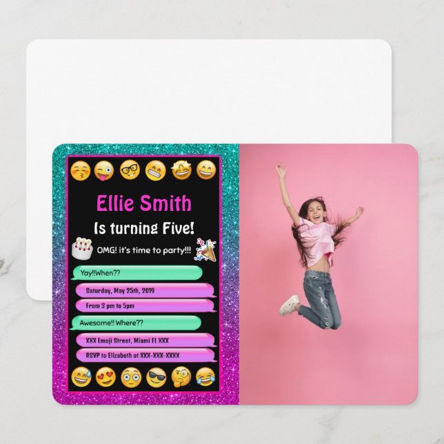 Editable Emoji Birthday Photo Invitation (Front/Back)