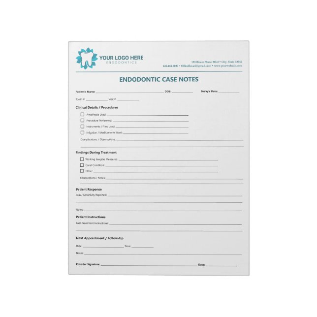 Editable Endodontic Treatment Progress Notepad (Rotated)