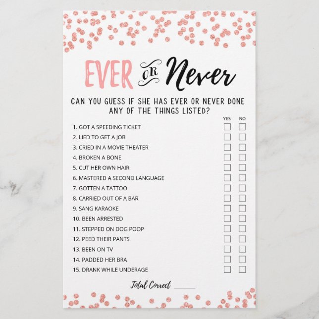 Editable Ever or Never Bridal Shower game (Front)