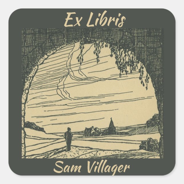 Editable Ex Libris Man Entering Village Bookplate Square Sticker (Front)