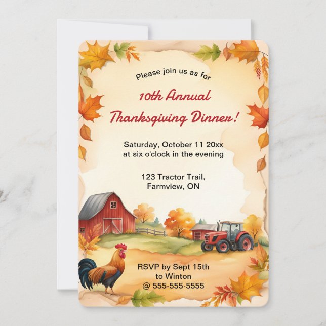 Editable Fall Farm Rooster Tractor Thanksgiving Invitation (Front)